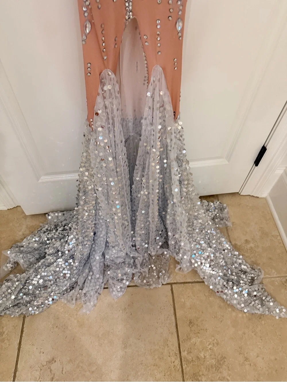 Nude & Silver Sequin Mermaid Prom Dress with Crystal Embellishment